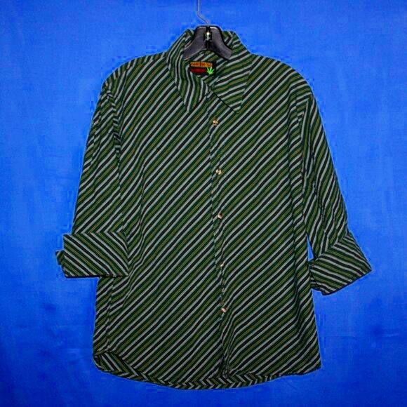 "THE BEST" Striped Button-Up Shirt - Green & Yellow - Cannabis Leaf Motif - M - Picture 5 of 6